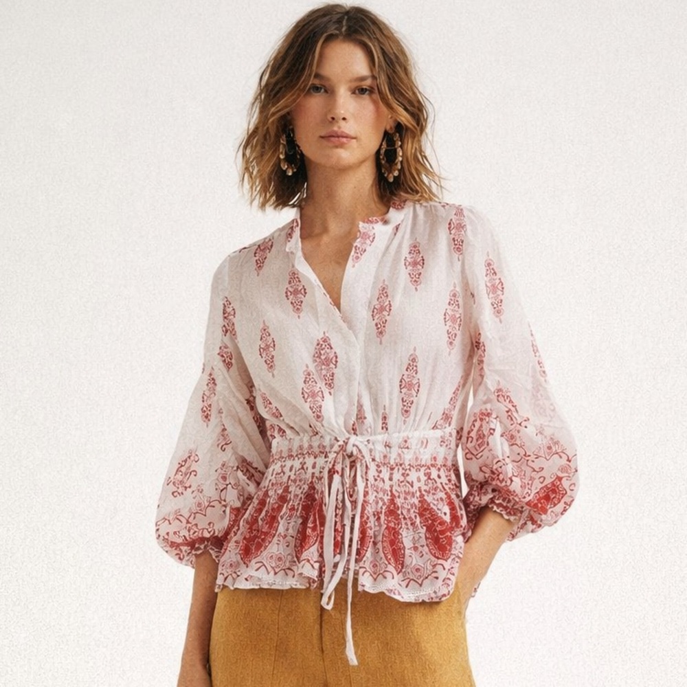 Sans Souci White and Red Printed Peasant Blouse